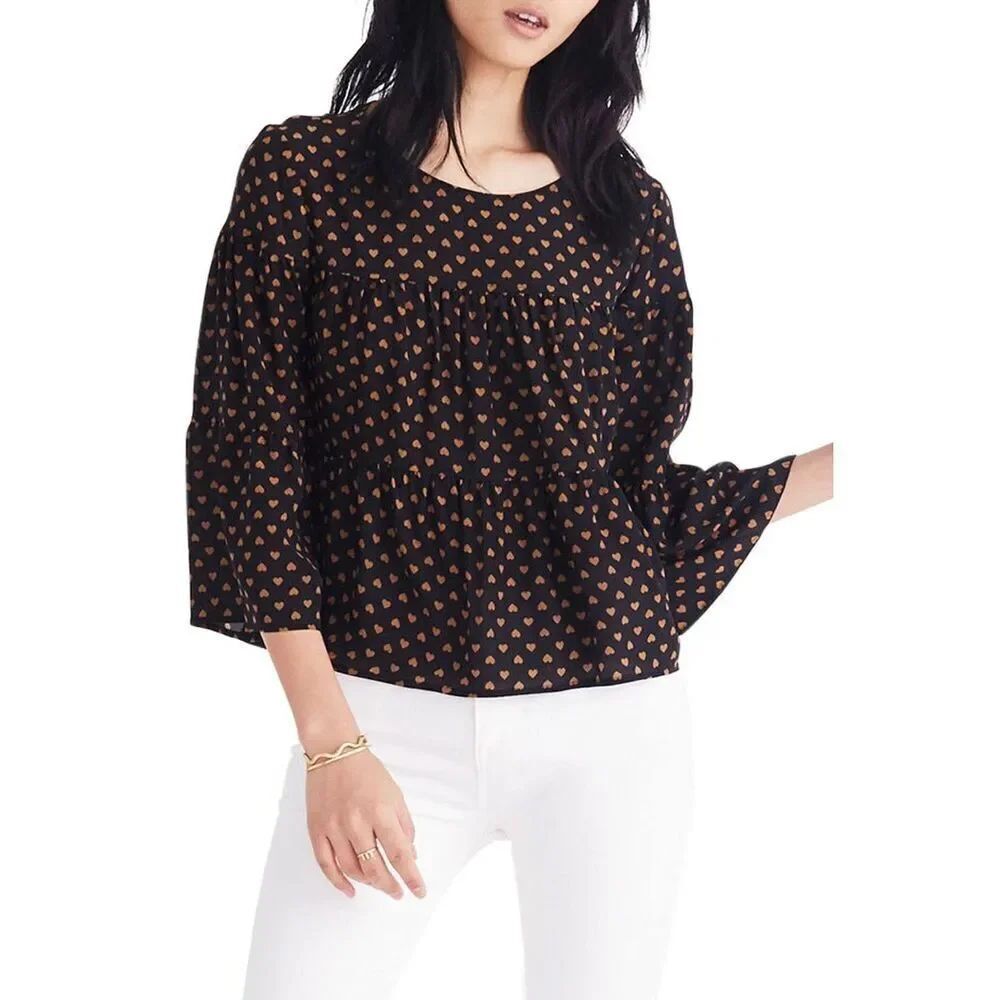 MADEWELL Silk Tiered Button-Back Top Heart Flip Black Gold 3/4 Sleeve Blouse siz